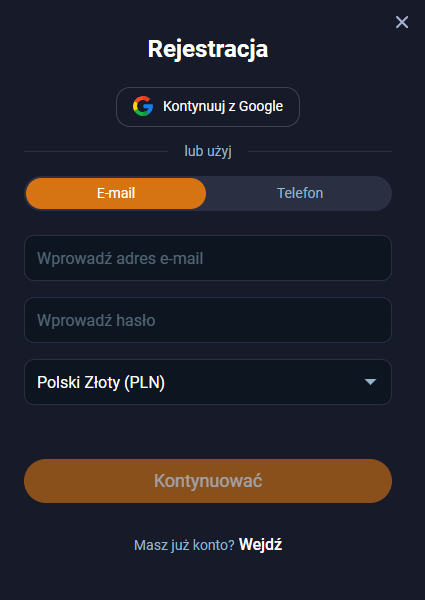 Rejestracja konta - formularz i wybór waluty PLN